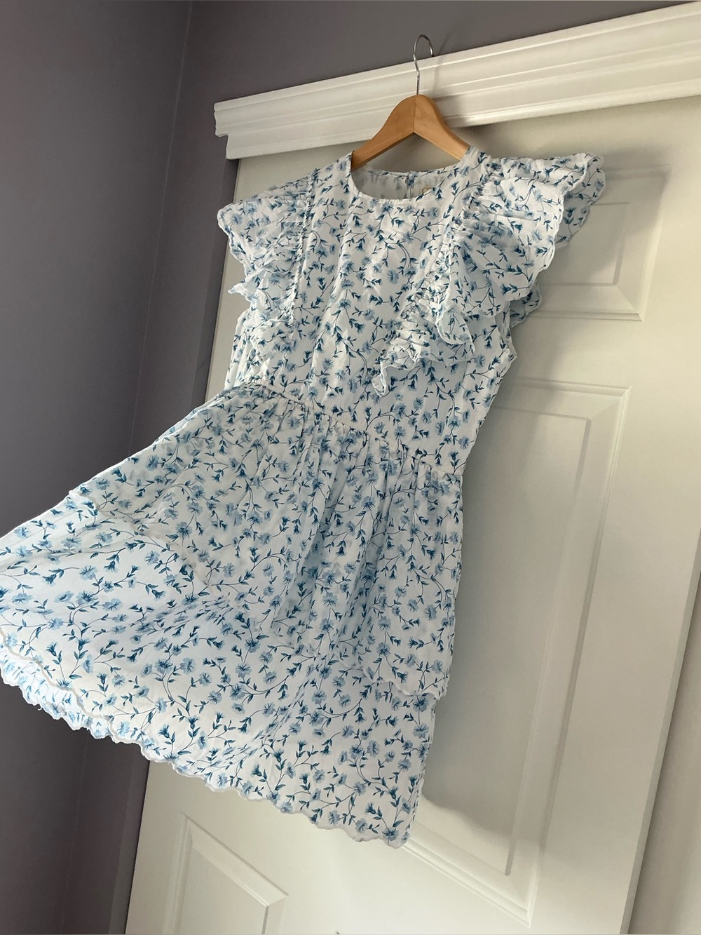 Simply Southern White with Blue Daisy Print Ruffle Sleeves Midi Tiered Dress L - Picture 5 of 15
